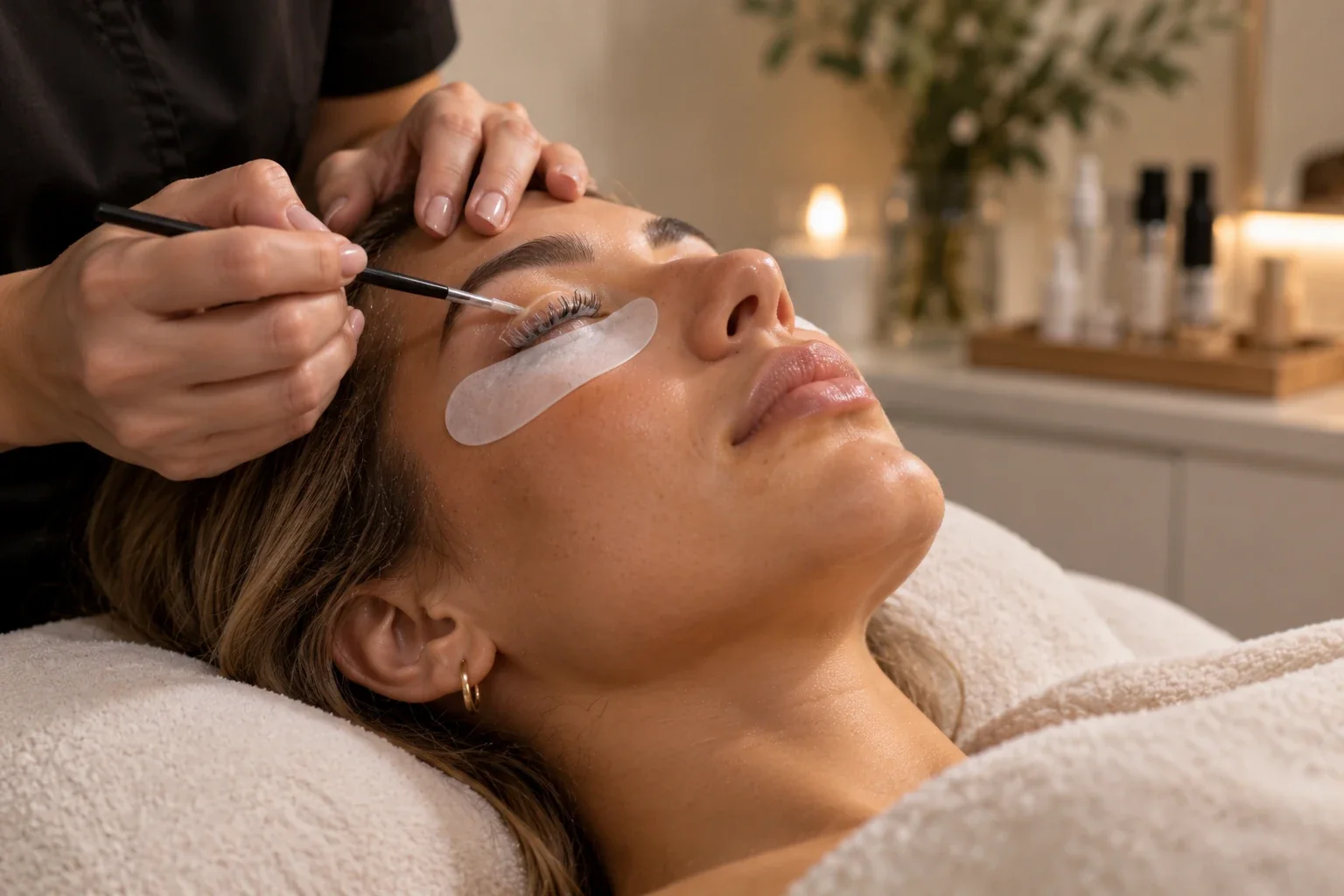 A lash lift being applied, with an under-eye pad