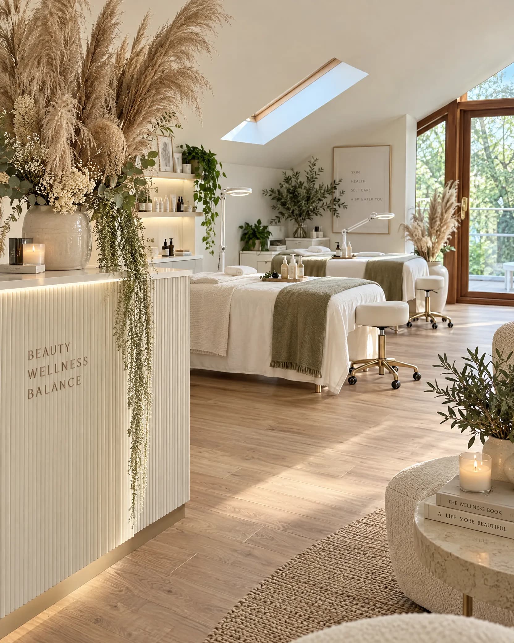 A calm treatment room: soft linen, pampas grass, candles and warm afternoon light